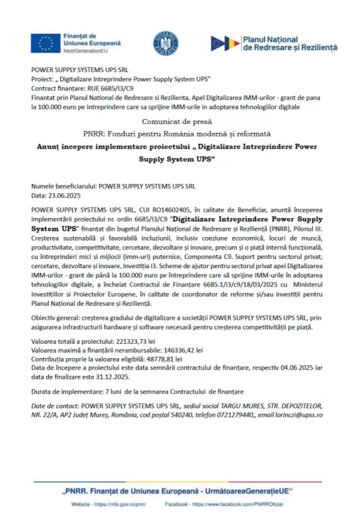 23.06.2025. Anunț începere implementare proiectului „ Digitalizare Intreprindere Power Supply System